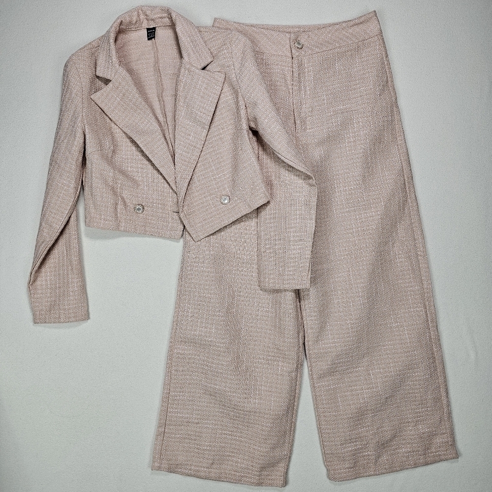 Shein Tweed Two Piece Suit Set Wide Leg Trousers Cropped Blazer Size Medium